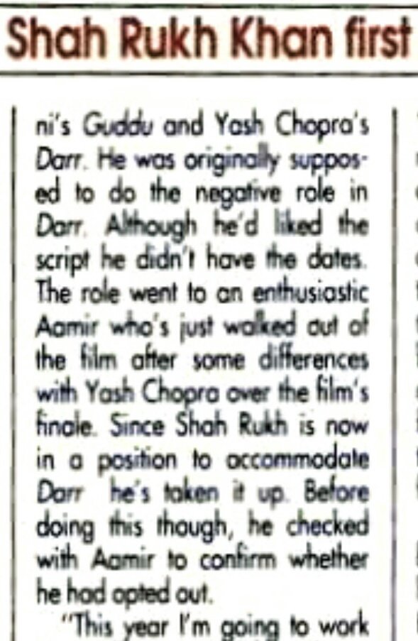 SRK was always the first choice in  #Darr. He didn't had the dates at that time, that's why Yash Ji offered it to Anil & Ajay but they rejected the role, then it went to Aamir. After that Yash ji kicked him out. Then he again approached SRK.
