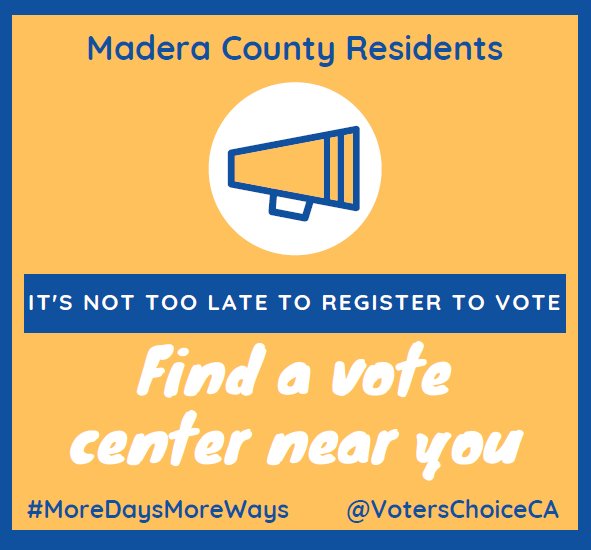 VotersChoiceCA's tweet photo. Didn’t register to vote? It’s not too late. You can still register and vote on the same day in @MaderaCounty. Visit a vote center near you. Find out where https://t.co/wA94ZBu439 #MoreDaysMoreWays #VoteMadera #Vote #GOTV @MaderaElections https://t.co/u4UEAs8PS0