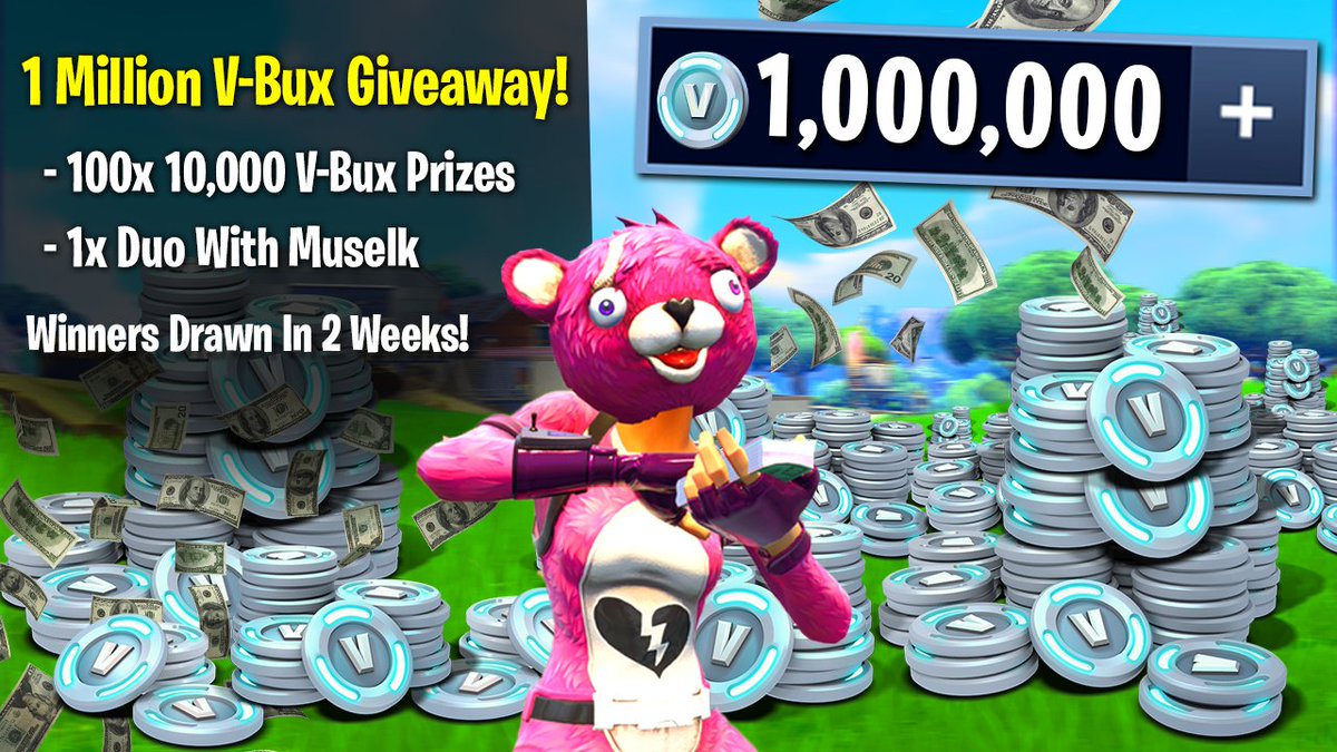 Introducing the BIGGEST 'Support a Creator' funded V-Bux Giveaway EVER! There's One Million V-Bux to be won! Big thanks to everyone who helped make this possible by using 'Muselk' as their creator code! Good luck! Enter here: gleam.io/competitions/n…