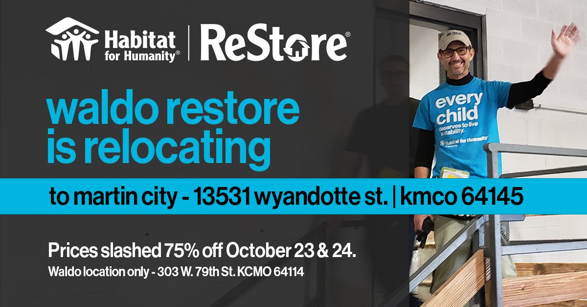 Waldo ReStore is Relocating to Martin City. Save us from moving inventory - we save you 75% off EVERYTHING, October 23 &amp; 24. 
All furniture, cabinets and doors under $10
All appliances under $25
All granite is under $20
Whole pallets of tile for $5
tinyurl.com/hfhkcrestore