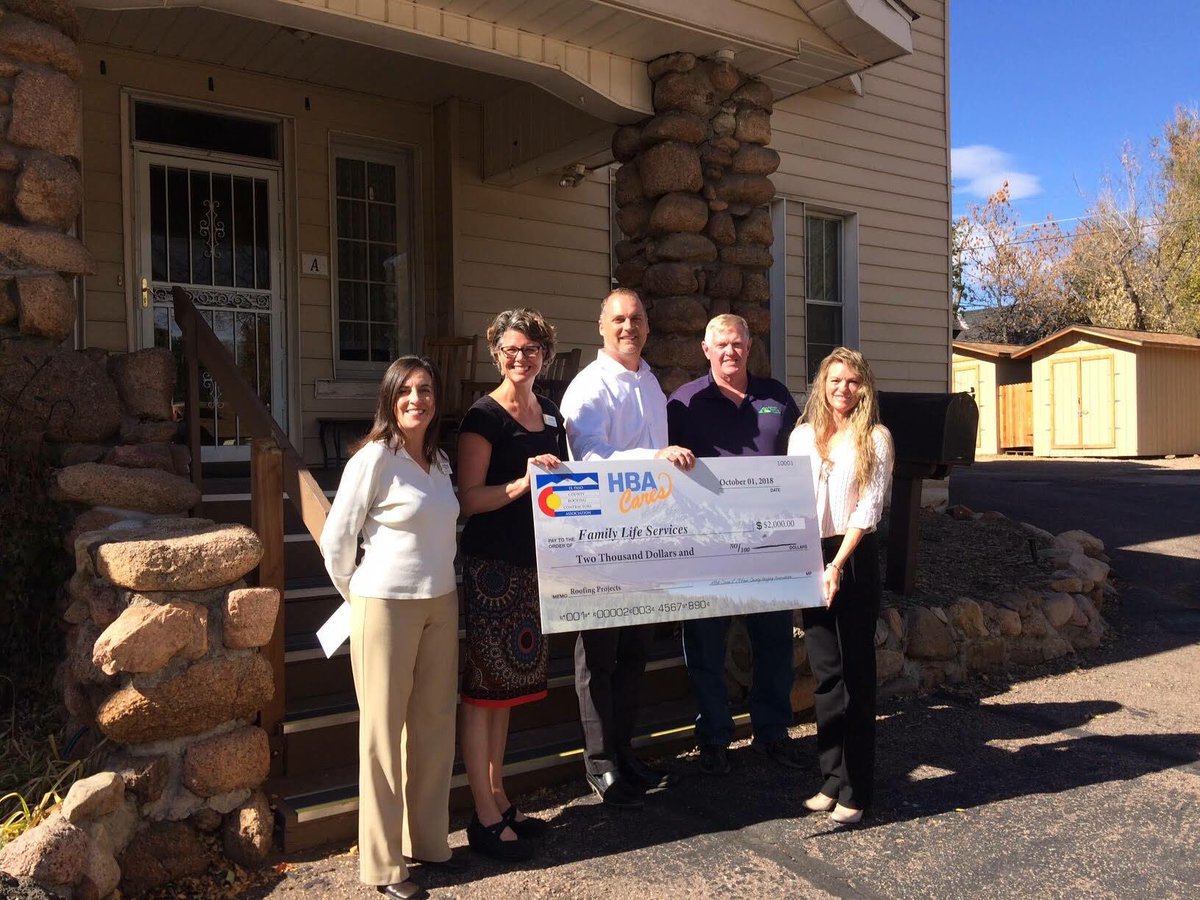 hbacares's tweet photo. It's a match! HBA Cares presented Family Life Services with a donation of $1,000, and the El Paso County Roofing Contractors Assoc presented a matching donation. The combined $2,000 contribution will help fund roofing repairs to several Family Life Services buildings.
#hbacares https://t.co/6j8t807Pcx