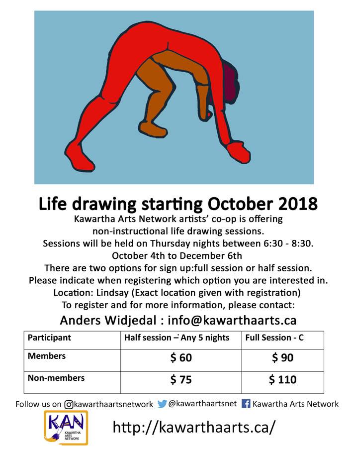 Thursday October 25th at 6:30pm is a Life Drawing Class 
offering non-instructional life drawing sessions. Participants can sign up for either a full session or half session. See image for more details!