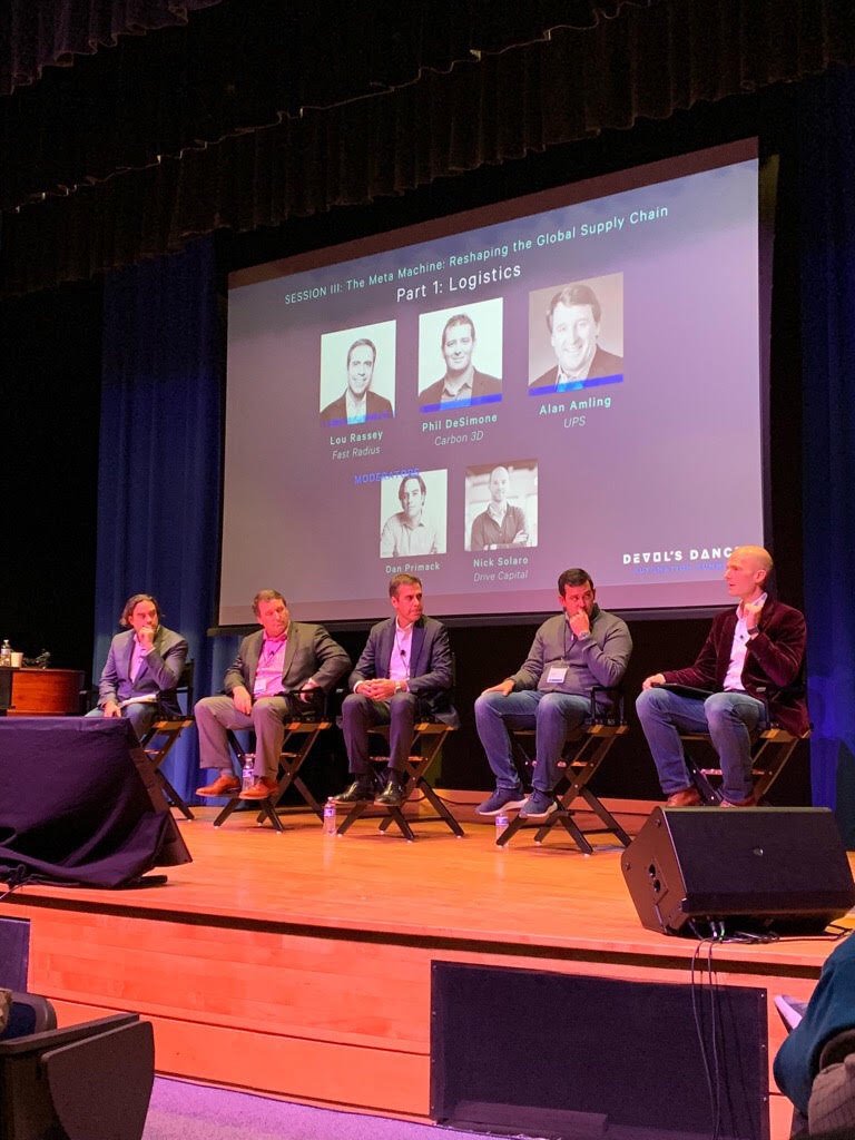 Our very own <a href="/LRassey/">Lou Rassey</a>  is on stage at Devol's Dance right now talking about #AdditiveManufacturing and the future of logistics and supply chains. He's joined with <a href="/PhDeSimone/">Phil DeSimone 🇺🇸</a>, <a href="/nsolaro/">Nick Solaro</a> , <a href="/danprimack/">Dan Primack</a> , and @alan4logistics #devolsdance2018