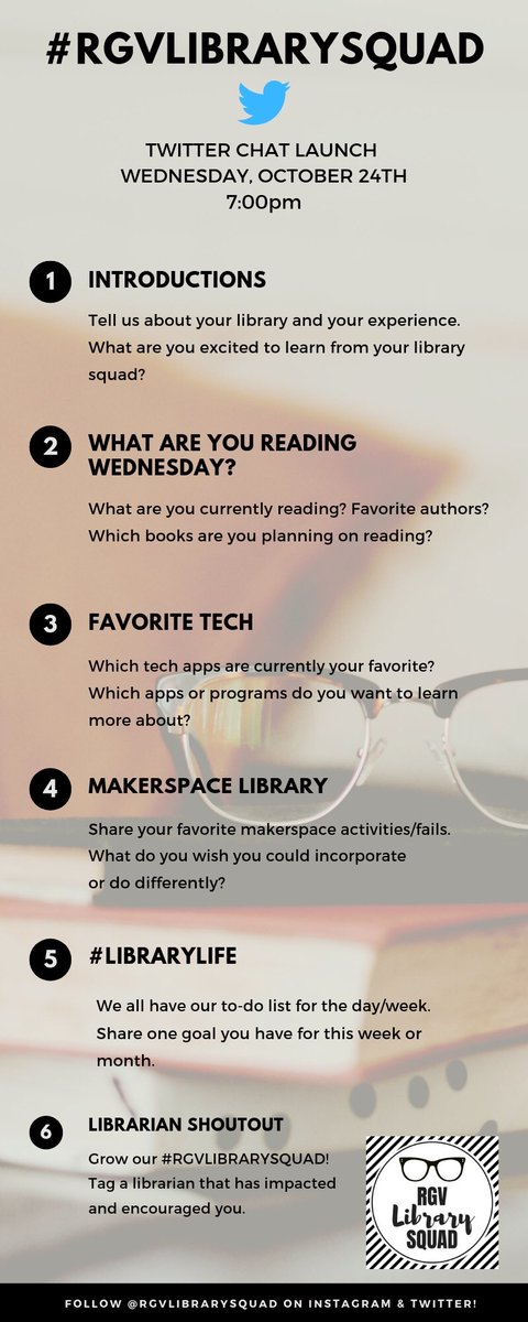 rgvlibrarysquad's tweet image. Twitter Chat tomorrow night! Join us for our 1st #RGVLibrarySquad Twitter Chat. We can’t wait to share our passion and grow our #LibrarySquad!