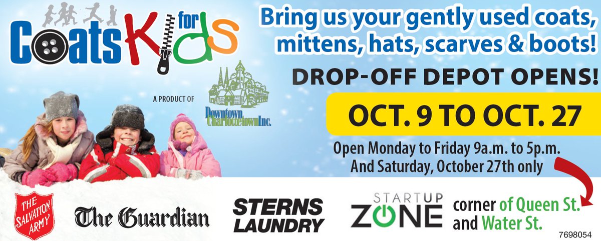 Just a few more days to bring your donations of new or gently used childrens outerwear to our drop off depot in the Startup Zone - corner of Water and Queen st. The perfect way to get some extra closet space and give back to those in need! Infant to teen sizes needed! #pei