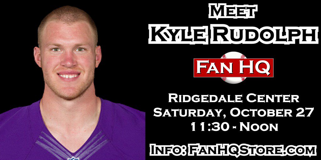 FanHQ's tweet photo. Saturday! Meet @KyleRudolph82 at the @RidgedaleCenter @FanHQ. Autograph event begins at 11:30am. Info and tickets at: https://t.co/ADANvO7EGH #Skol #InkAddicts #FlashAddicts https://t.co/qa0NQ6WIzI