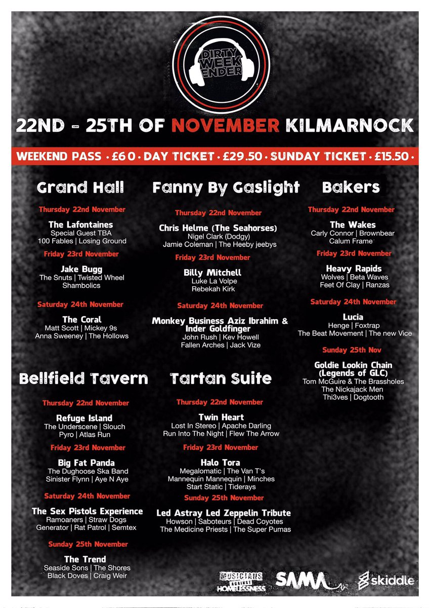 The venue breakdown for Kilmarnock’s <a href="/WeekenderDirty/">DirtyWeekender</a> with <a href="/JakeBugg/">Jake Bugg</a> <a href="/thecoralband/">The Coral</a> <a href="/TheLaFontaines/">thelafontaines</a> <a href="/theGLC/">goldie lookin chain</a> &amp; more.  Tickets available from <a href="/skiddle/">Skiddle</a>