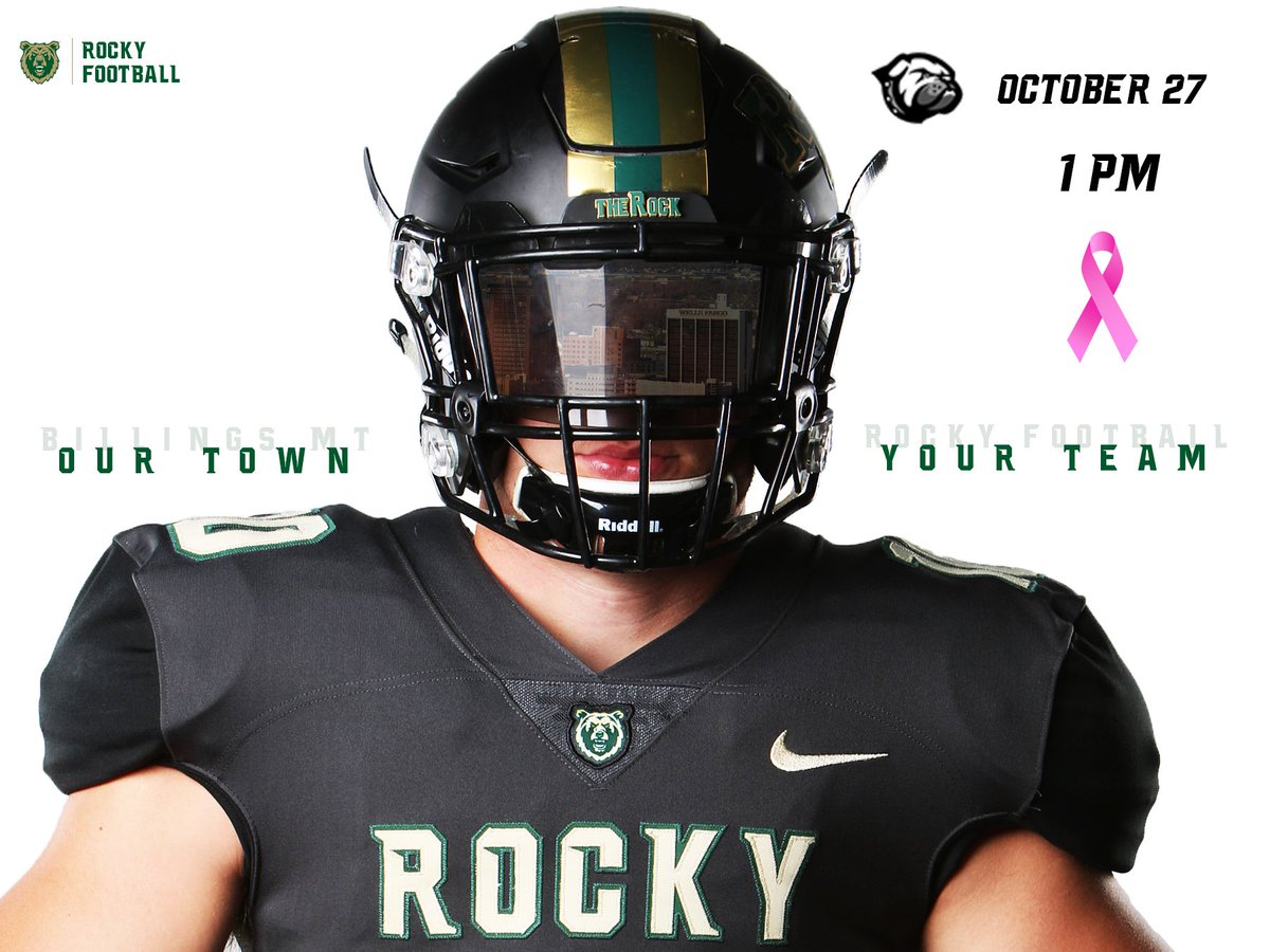 Rocky_Football's tweet photo. Big Game this Saturday @ the Bowl!!! Pack the Bowl in Pink!!! Hope to see Yellowstone County and the @Rocky_Football Family at the Rock for a 1 pm Kickoff!  @bgazettesports @GazSportsJoe @khansen406 #OurTownYourTeam #ProtectTheRock #TheCL1MB https://t.co/OeXjCfD4pt