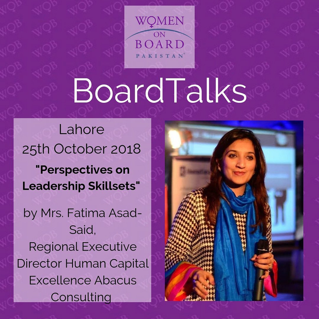 WOBInitiative's tweet photo. Meet our guest speaker for BoardTalks in Lahore!
Mrs. Fatima Asad-Said will be talking on "Perspectives on Leadership".
#WOBpk #BoardTalksByWOB #BoardTalks #WomenLeadershipDevelopment #MotivationForLeadership
#WOBmembership #WOBEvents https://t.co/A9lqmPJDJH