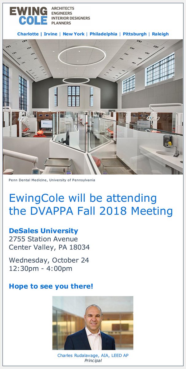 ewingcole's tweet photo. Visit @ewingcole tomorrow afternoon at the @DV_APPA Fall 2018 Meeting! @ERAPPAnews #highered #architecture #FacilitiesManagement #FacilitiesMgmt #DVAPPA #ERAPPA #EwingCole https://t.co/J0Yvr0NczH