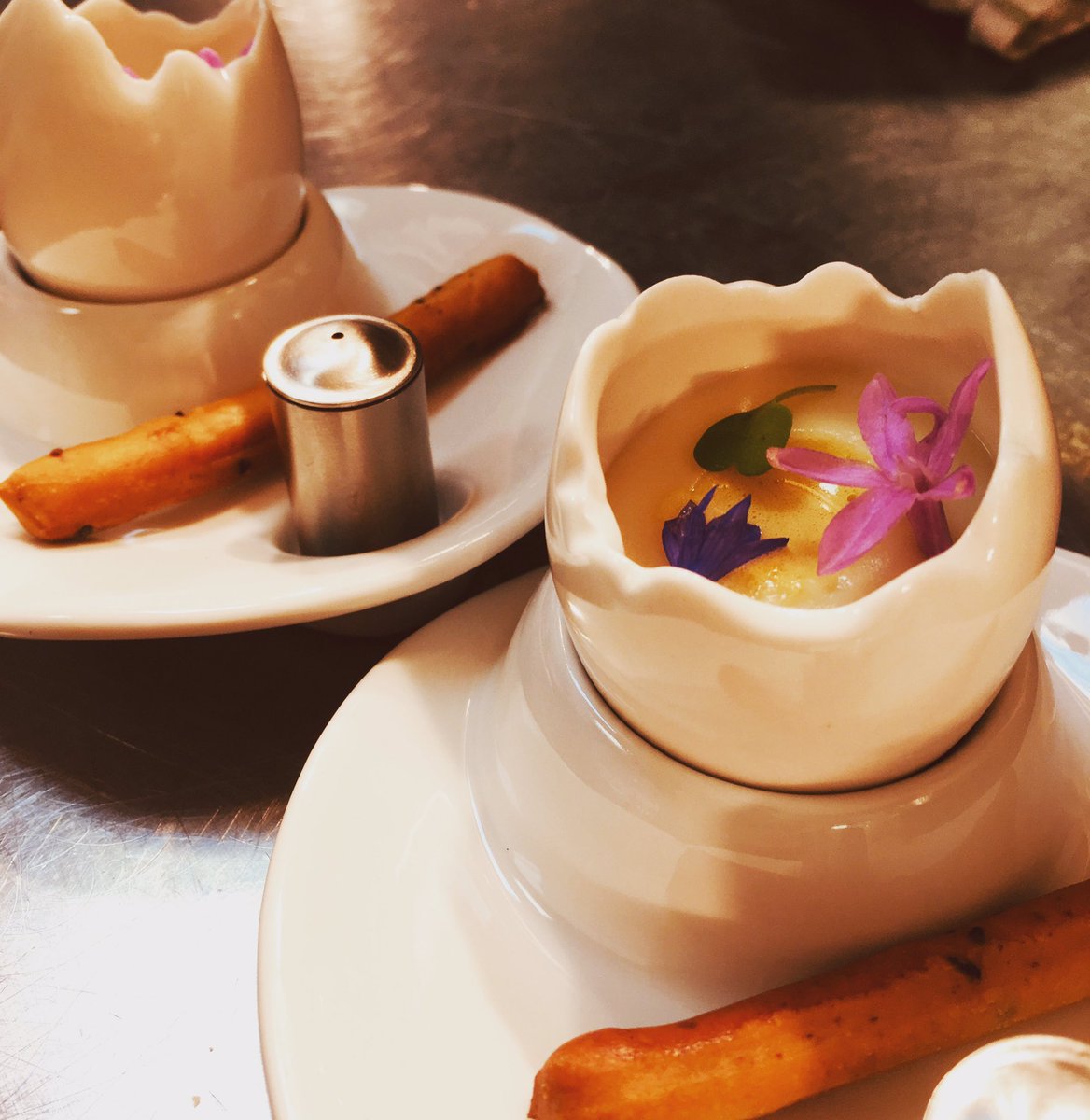 fishmorehall's tweet photo. New Amuse Bouche tonight from the @FoodAtFishmore @JoeGould3 team.  Artichoke custard, egg yolk, nigella seed breadstick, mushroom pepper. #Foodie #cheflife #yummy #TravelTuesday https://t.co/A1KC9RTa6Q