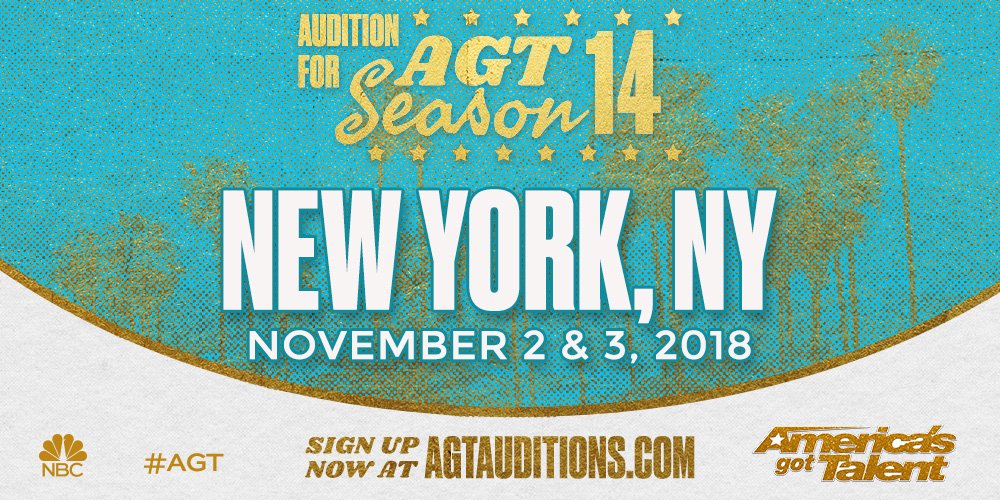 <a href="/BroadwayBillLee/">Broadway Bill Lee</a> Please let your listeners know #AGT will be holding auditions in the Big Apple 🍎 for season 14!  Audition dates are 11.2.18 and 11.3.18 at the Jacob K. Javits Convention Center in New York City, NY!  Sign up online at AGTauditions.com!  💃🌃🕺