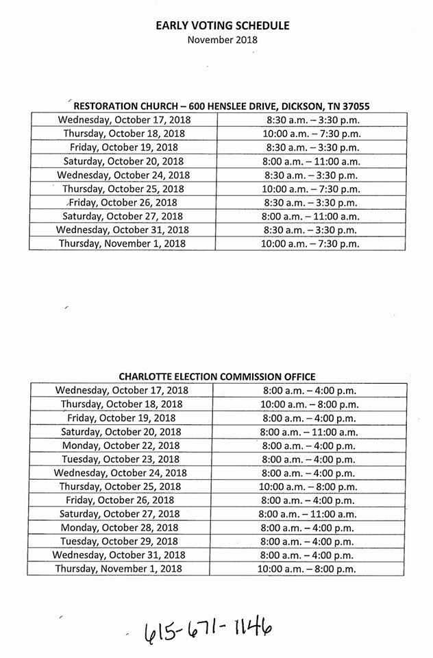 Dickson County, make sure you get out and vote! Here is the early voting schedule. The number listed is the Dickson County Election Commission contact number. #vote #votetn #govote #govotetn
