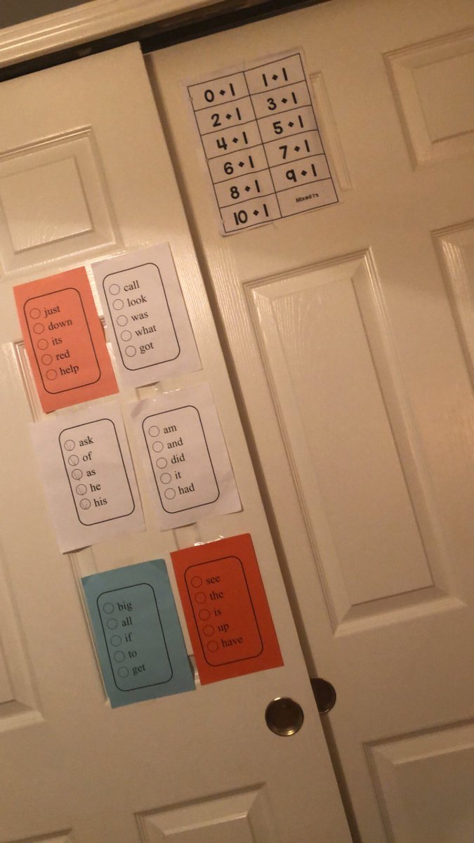No excuses! Here is an example of how to keep track of sight words and math facts each week. My son tapes them on his closet door and uses a teacher pointer to run through them each night. It takes five minutes! #teacherkid #nisdstrong #nicholsstrong