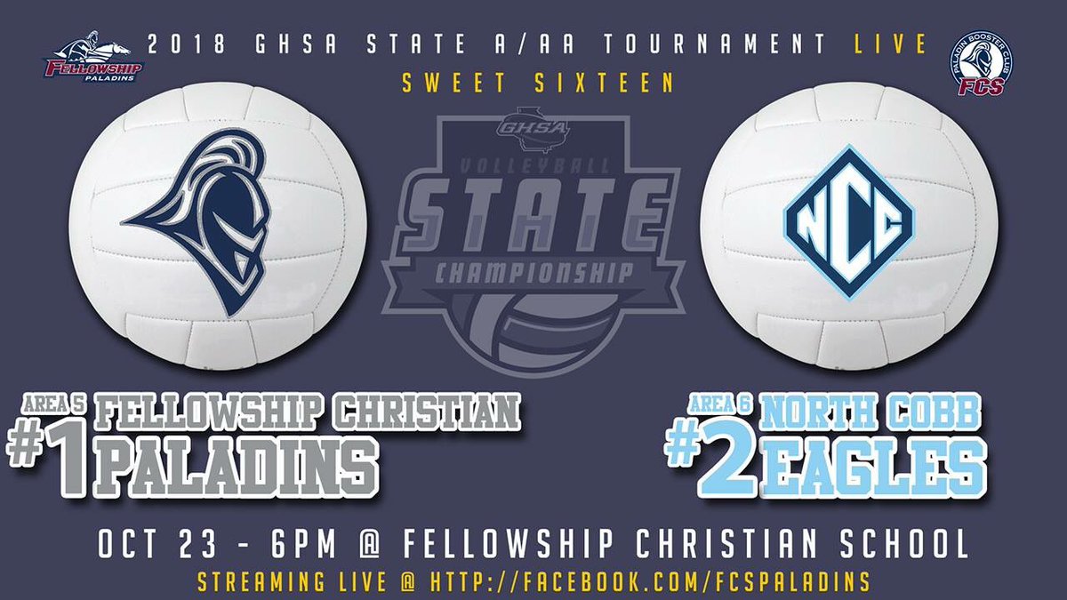 Varsity Volleyball Update
2018-2019 <a href="/OfficialGHSA/">GHSA</a> Class AA/A Private State Playoffs, Fifth Set:

<a href="/FellowshipCS/">Fellowship Christian School</a> 15
<a href="/NCCSEagles/">North Cobb Christian</a> 7

Lady Paladins Advance to Elite 8!

#GoFCSPaladins <a href="/fcs_fsquad/">Official F Squad</a> 
<a href="/scoreatlanta/">SCORE Atlanta</a> <a href="/joeparkerga/">Joe Parker</a>