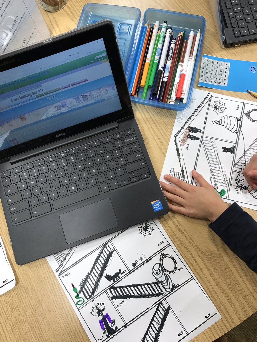 patriciaeyer's tweet image. @WOSnews students practiced using the #libraryWOS #onlinepublicaccesscatalog #OPALS and created a haunted house using #callnumbers👻