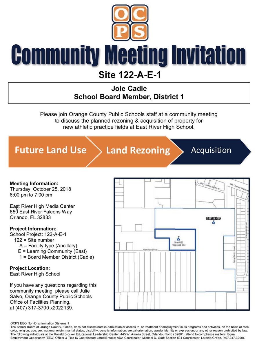 Community Meeting Thursday, October 25th from 6 to 7p.m. in the ERHS media center. The meeting will provide information on the rezoning and acquisition of practice fields, which will support East River’s athletic program.  Hope to see you there!