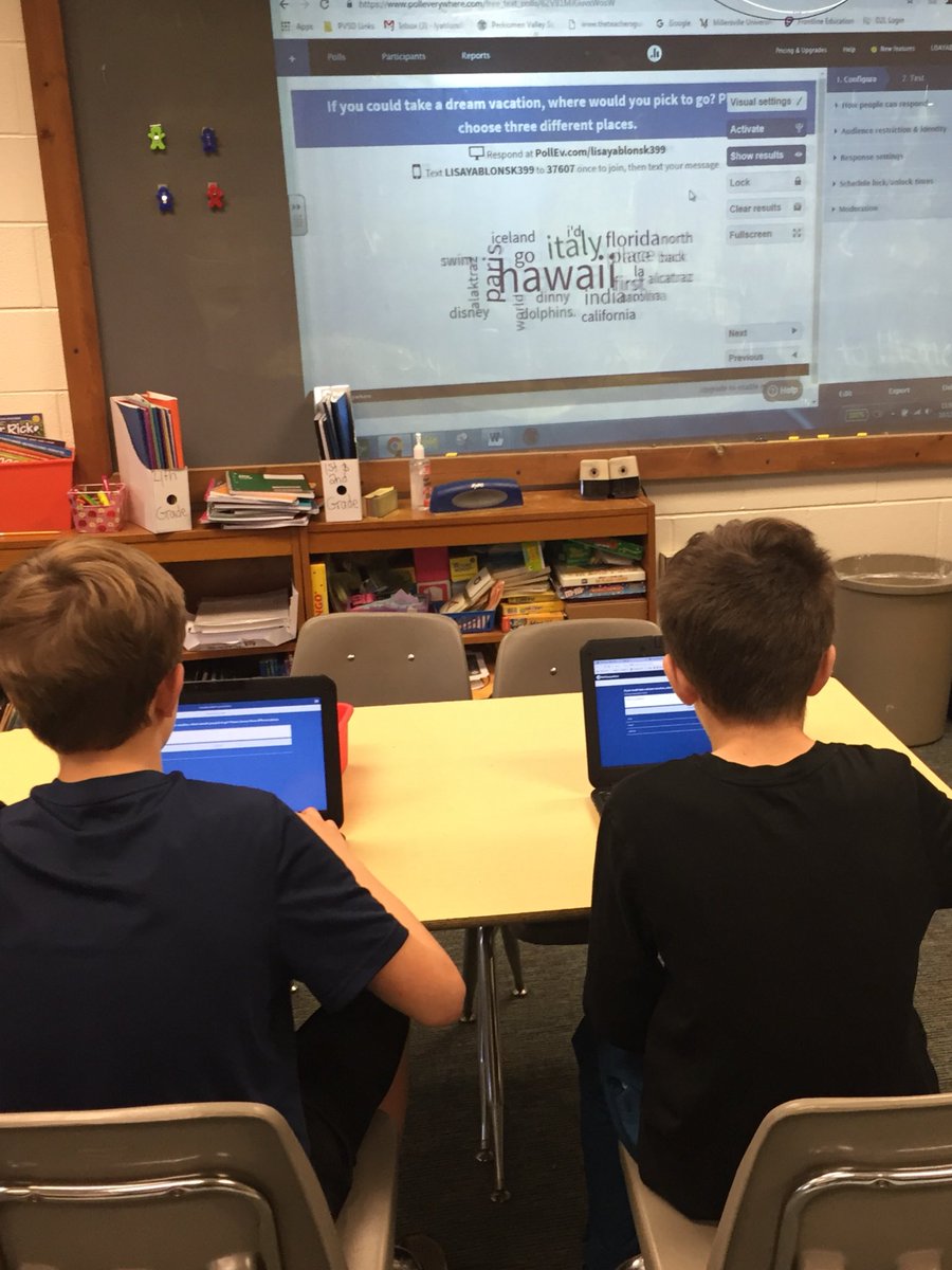mrsyablonski's tweet photo. Oh ok 5th grade! I see 👀 where you want to travel! Using @polleverywhere to generate ideas for a dream vacation. This activity built the foundation for our “Deserted Island” unit.  Little do they know we won’t ever make it to our planned destination! 🏝🏝 https://t.co/jKnYpXxPnr