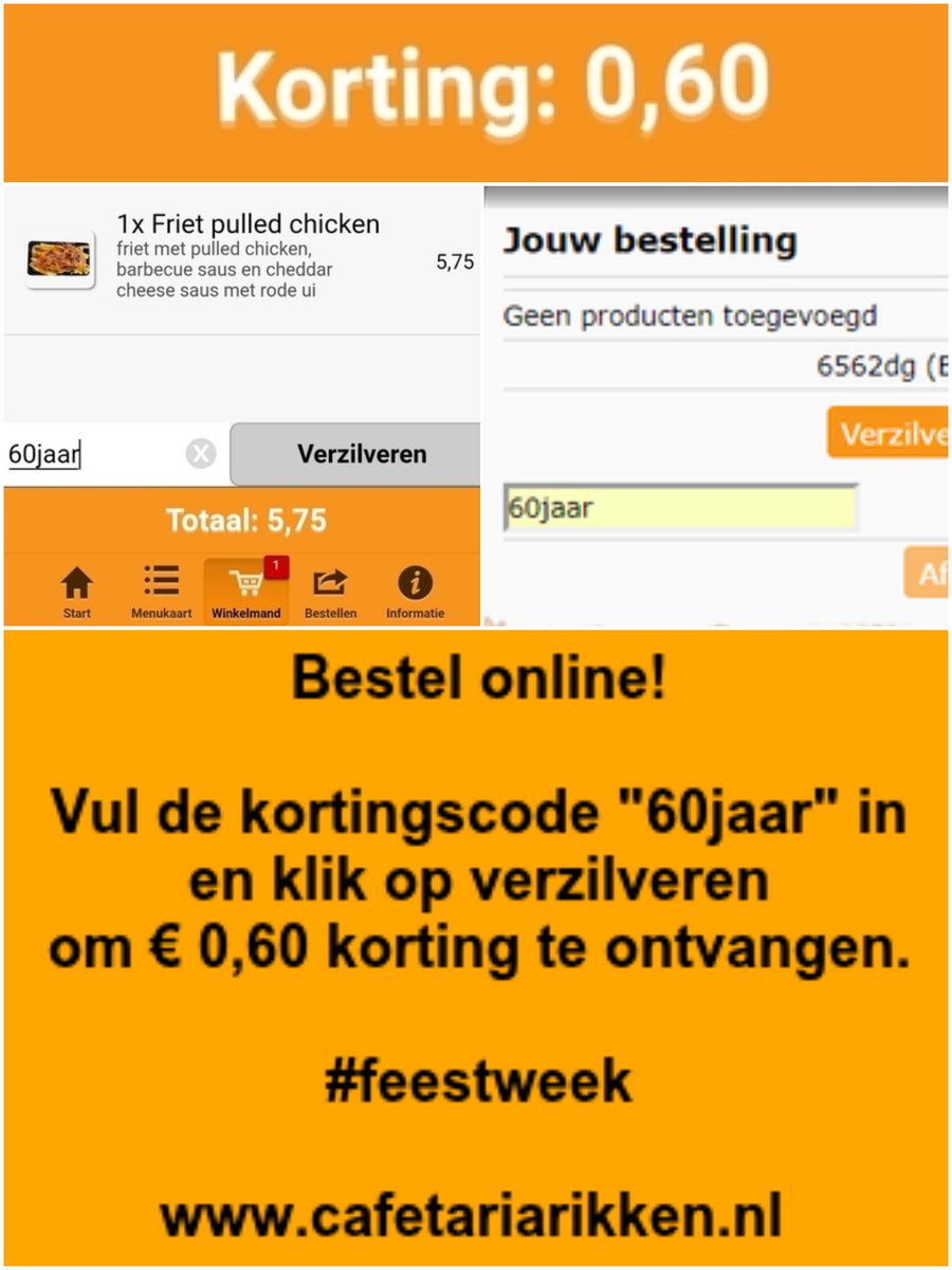 Bestel deze #feestweek online <a href="/CafetariaRikken/">Cafetaria Rikken</a> en vul de kortingscode "60jaar" in en ontvang € 0,60 korting op elke bestelling.
cafetariarikken.nl/bestellen

#jubileum #60jaar #feest #rikken #cafetaria #cafetariarikken #breedeweg #groesbeek #korting #kortingscode #onllinebestellen