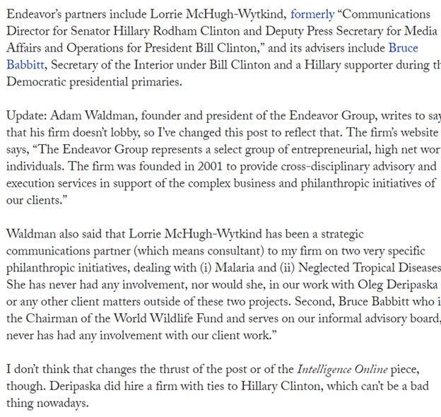 36) Putin's Oligarch, Oleg Deripaska hired Adam Waldman in 2009, reportedly because Waldman was close to Secretary of State Hillary Clinton.  https://harpers.org/blog/2009/06/russian-oligarch-retains-lobby-firm-close-to-hillary-to-help-resolve-visa-ban/