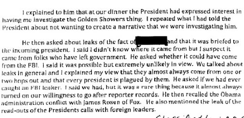42) Comey then made sure to document in his memo that someone was spying on secure WH communications & leaking that information. Directly spying on the President's discussions with foreign leaders!