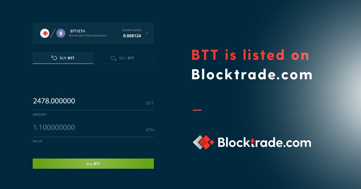Blocktrade.com opened trading for BTT/ETH trading pair today. Users can now start depositing BTT and start trading. #BTT #ethereum #exchange #trading 
trade.blocktrade.com