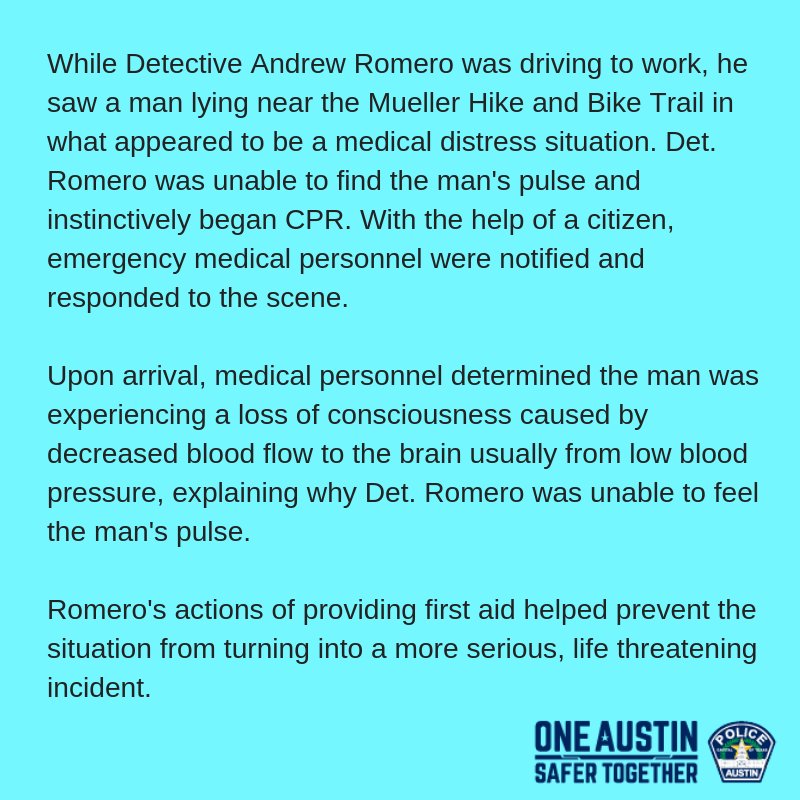 Chief_Manley's tweet photo. Back in September, Detective Romero provided life saving measures to a resident in distress. I'm proud to say I get to work with many @Austin_Police officers that display heroic actions daily. #AustinPD #SaferTogether https://t.co/og0ivzBI9n