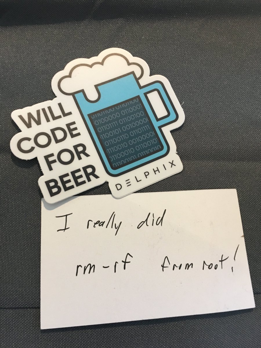 Delphix's tweet photo. "I really did rm-rf from root!" says one anonymous #OTW #OOW18 attendee. #DataConfessions https://t.co/xPRCkTe9kj