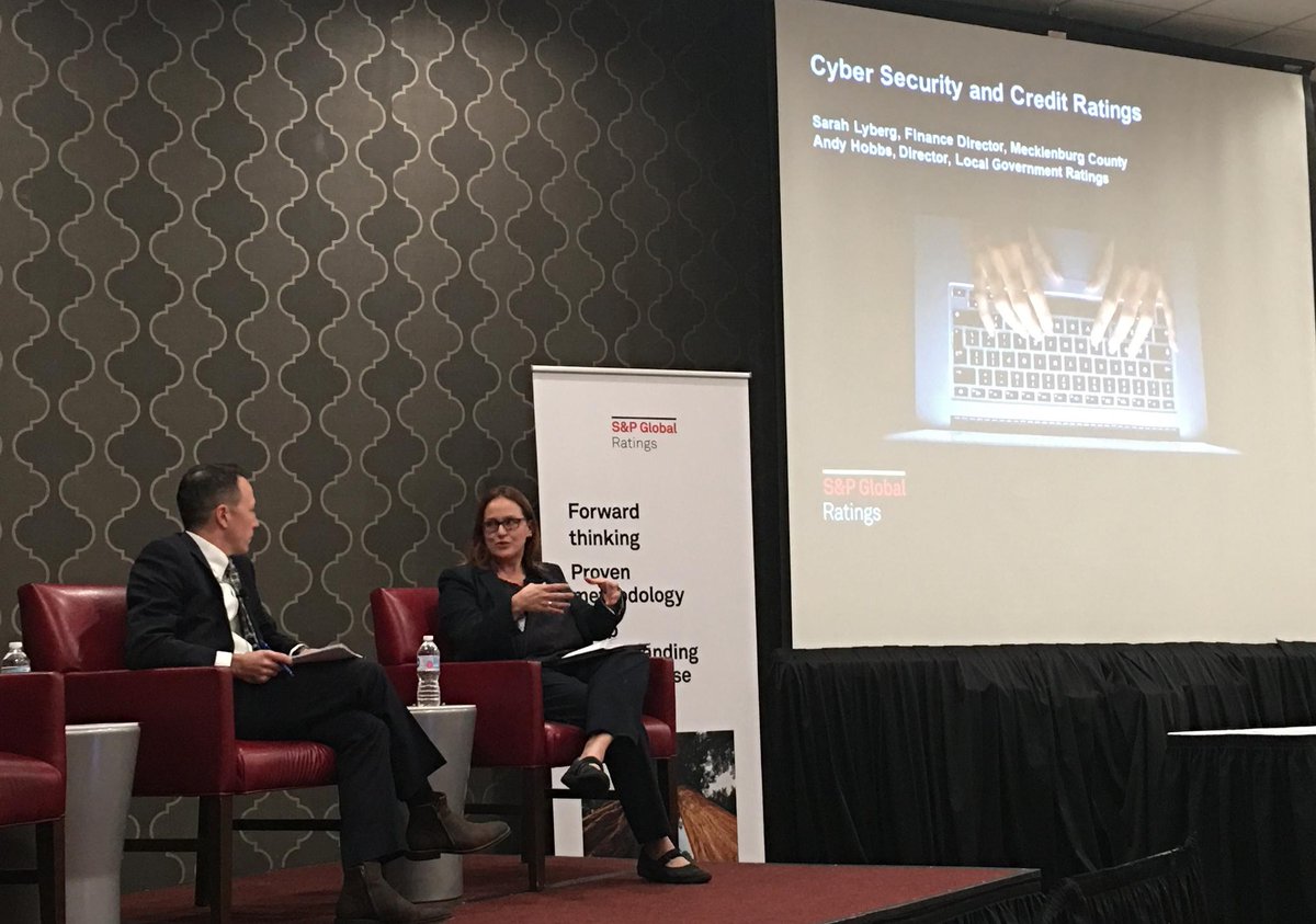 SPGlobalRatings's tweet photo. At the Charlotte Credit Forum, Sarah Lyberg, Finance Director for Mecklenburg County, NC and Andy Hobbs, Director @SPGlobalRatings  discuss cyber attack risk. #cybersecurity https://t.co/DumwKLMH4f