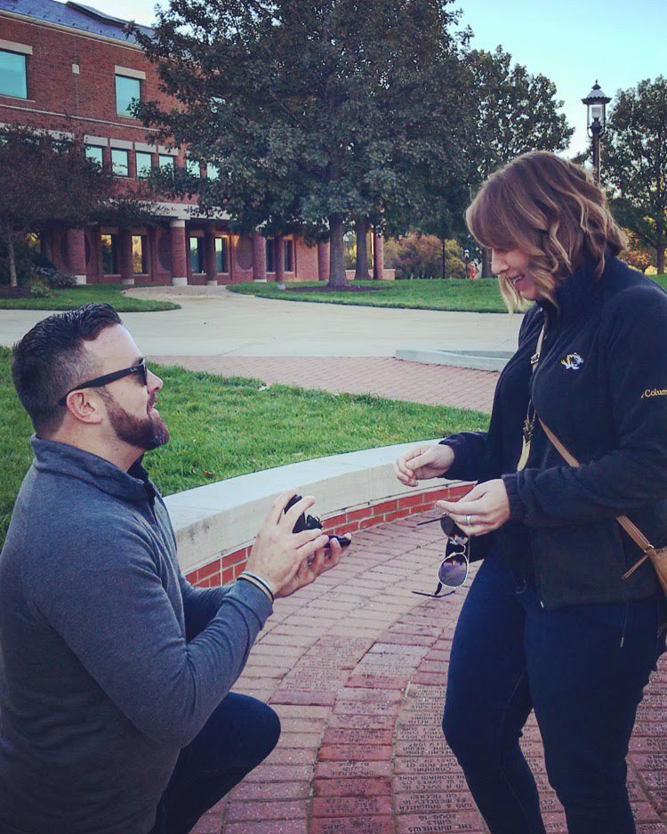 MizzouAlumni's tweet photo. Is there anything better than a #MizzouMatch proposal on Homecoming morning? Congratulations Ron Frazier, BS BA ’07 and Becky Schubkegel, BS Ed ’07! https://t.co/0zSeMHoGor