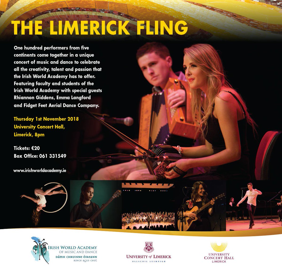 UL's tweet photo. A great concert is coming up in UL. Grammy award winner @RhiannonGiddens, @ELangfordMusic, Fidget Feet Aerial Dance Company performing as well as our own @IWorldAcademy students & staff. #LimerickFling
@UCHLimerick - 8pm - Nov 1st.
Tickets available from https://t.co/WHt8oD2vK9 https://t.co/bkKc3V4Bta
