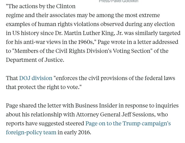 55) On 3/2/17  @CarterWPage gives an interview to reveal his letter to the DOJ Civil Rights Division portraying spying on him as an attempt to rig the election. He wrote a similar letter to a European human rights group on 10/26/16.  https://www.businessinsider.com/carter-page-letter-doj-hillary-clinton-russia-2017-3