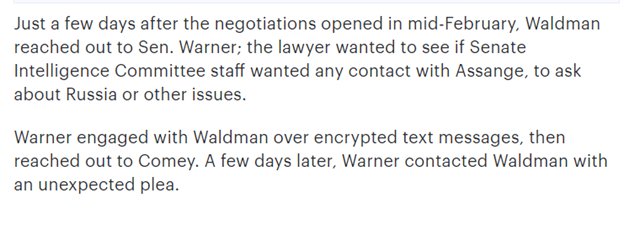 52) Warner made the contacts with Waldman, then alerted Comey! Warner followed Comey’s stand down order about Assange the guy who poses a threat to Obama, Dems & CIA. Warner then became involved in helping Waldman’s other, other guy!  https://thehill.com/opinion/white-house/394036-How-Comey-intervened-to-kill-Wikileaks-immunity-deal