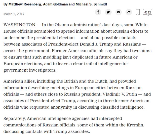53) While this is going on, the  #Spygate case starts to see daylight. With the 3/1/17  @NYT story on Obama trying to ‘preserve’ the evidence on collusion by spreading it around. That’s why you have all the leaking!  https://www.nytimes.com/2017/03/01/us/politics/obama-trump-russia-election-hacking.html?_r=0