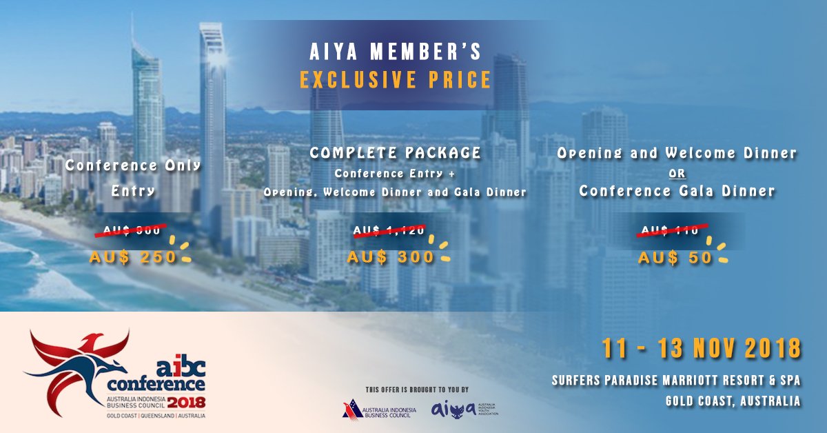 AIYANSW's tweet photo. Special offer for AIYA Member, for the upcoming AIBC Conference 2018 in Gold Coast, Australia!

✅ AIYA Members can register for this offer by emailing AIYA Director of Partnerships and Memberships, Sam Shlansky at sam.shlansky@aiya.org.au https://t.co/2Y8pbIo6Tz