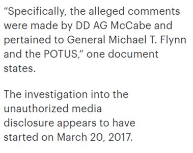 63) This was not a leak by McCabe about Flynn & Trump. It was a leak of the comments "F' Flynn then we F' Trump" by McCabe, should have forced a recusal from the Trump case by McCabe, but he apparently out maneuvers this & continues involvement w the case.  https://thehill.com/policy/national-security/fbi/411548-docs-fbi-investigated-media-leak-of-comment-by-mccabe-about