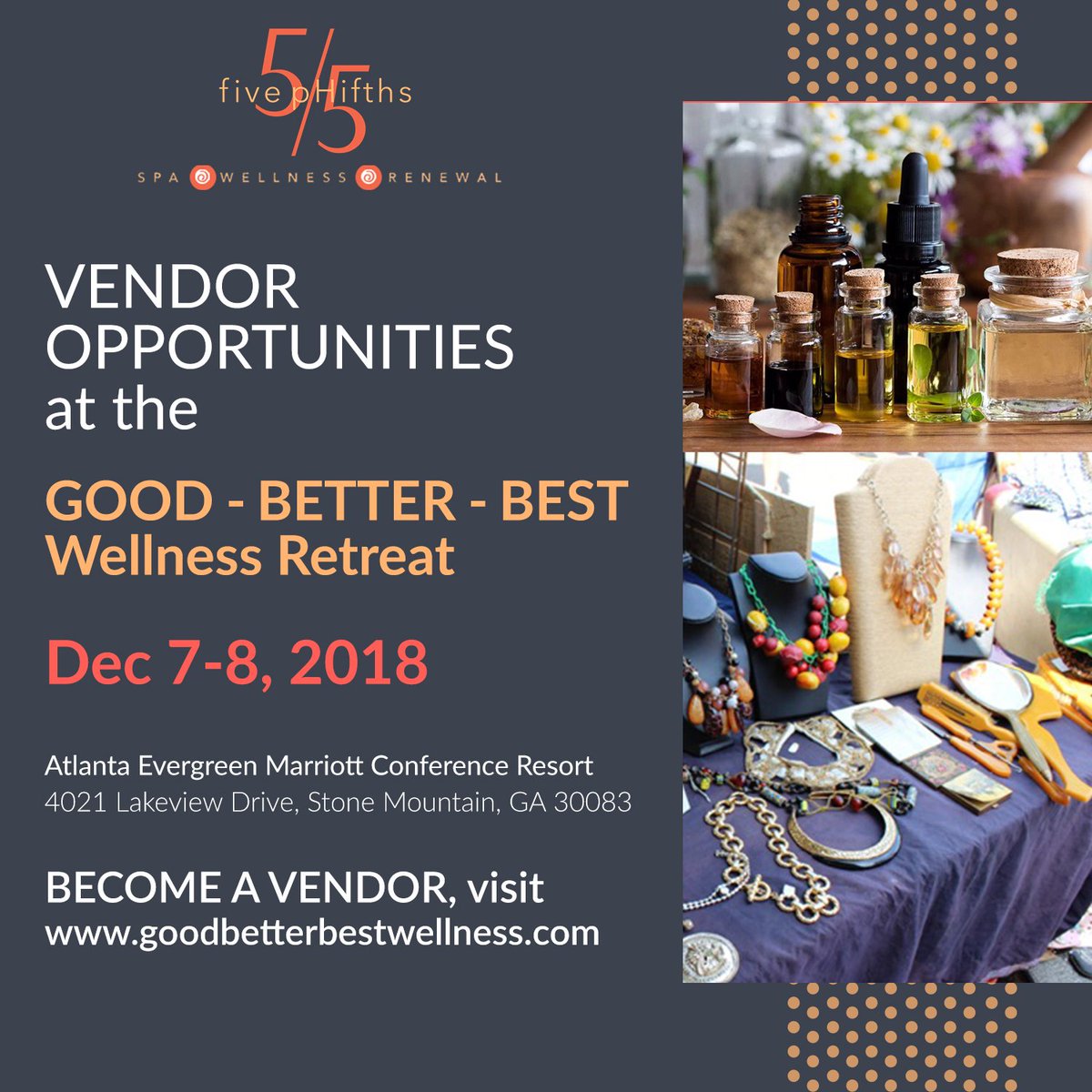 theNUNGroup's tweet photo. Share your products at the 2nd Annual Good Better Best Wellness Retreat 
Dec 7&amp;8 | Limited Space | Sign Up today.
@5pHifths 
https://t.co/BEJUqHX7BO https://t.co/Y0XuleNNwm