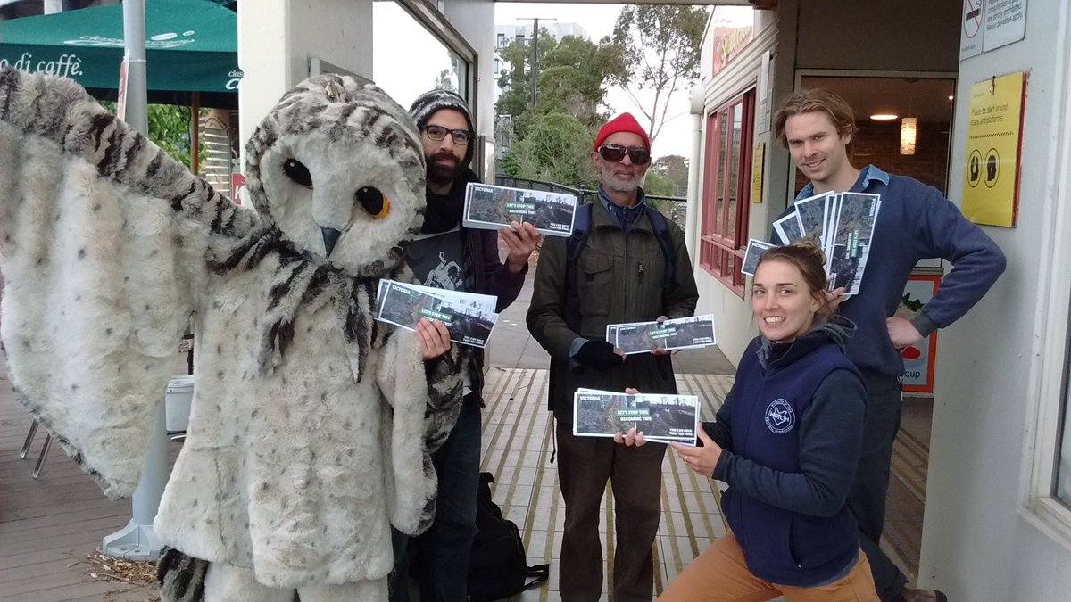 FoEAustralia's tweet photo. Post banner drop train station fliering for forests at Moorabin station in #Bentleigh. @NStaikos #BentleighLovesForests. @asherjudah yes we DO have jobs - I'm a conservationist, Tessa works in hospitality and Hamish is a teacher. #voteforests #VictoriaLovesForests https://t.co/Nja7tJPaJV