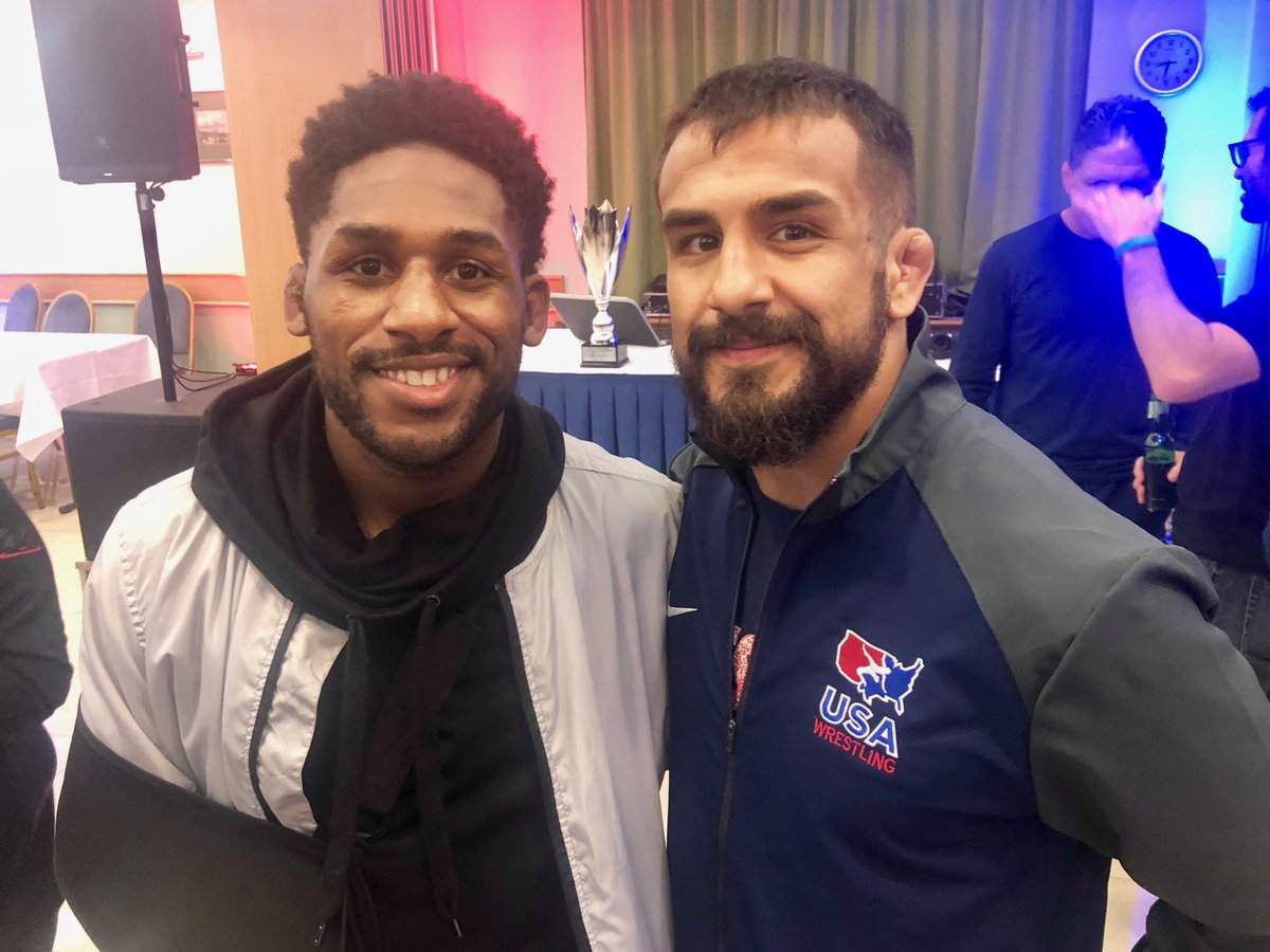 wrestlingmuseum's tweet photo. .@nahshongarrett and @Joe_colon61kg together at the 2018 World Championships in Budapest, Hungary. https://t.co/opt8NCQFrK
