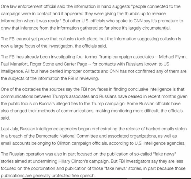 72) Comey goes on the record saying that leaks about the case are false. Which is then followed by more false leaks with a narrative about Collusion.  https://www.npr.org/sections/thetwo-way/2017/03/20/520765159/watch-live-house-hearing-on-russian-attempts-to-interfere-in-u-s-election?post=comey-many-reports-in-press-false-17