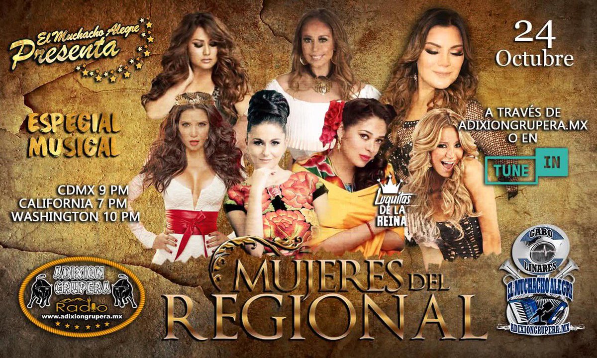 loquitaspromo's tweet photo. Mañana no te pierdas el #EspecialMusical de las @mujeresdelregional cn nuestro amigo @GaboLinaresAdx por @Adixion_Grupera sigamos haciendo ruido con este movimiento!!! #MRM. @DianaReyesMusic @Paolapreciadov @LuzMariaMusic @ElsaRiosMusic @CristinaEustace #CeciliaGallardo https://t.co/4qAdNofhkH