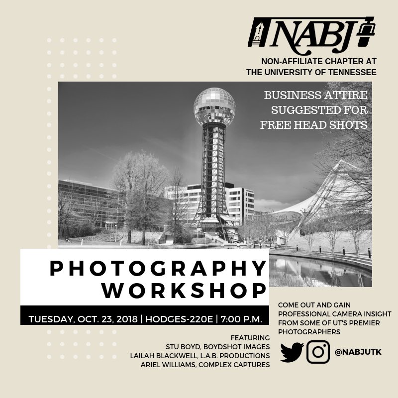 NABJUTK's tweet photo. Our Photography Workshop is almost here. Come out for a chance to learn more about professional cameras &amp; the editing process that takes place behind the scenes.

We're also providing free head shots. 👀 We look forward to seeing you all tonight. https://t.co/GLfonXYiX7