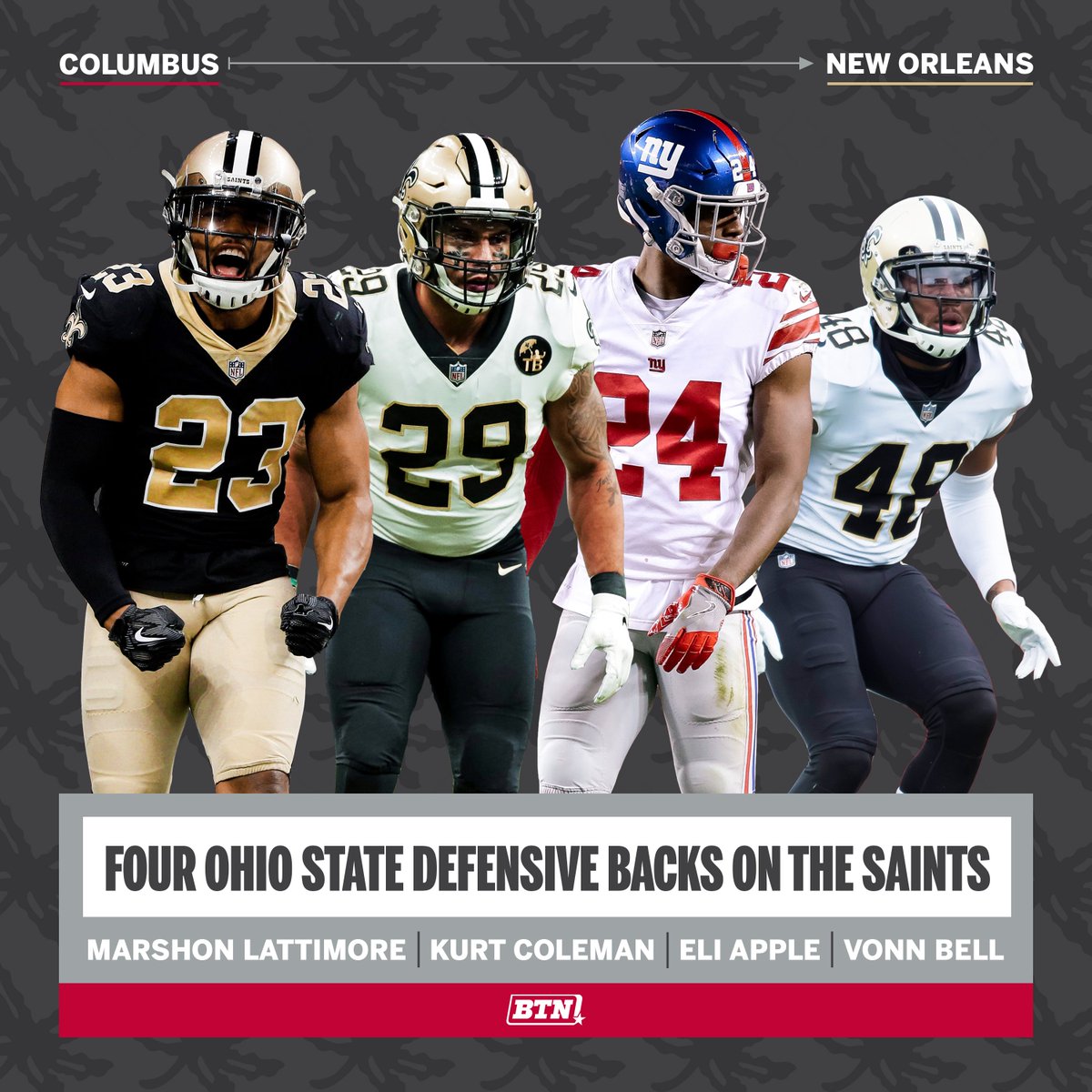 OhioStateOnBTN's tweet image. Need a DB?

As @saints know well, targeting former @OhioStateFB stars is a smart move.

With today's trade for @EliApple13, the NFC South leaders have four (!) Buckeyes in the secondary.