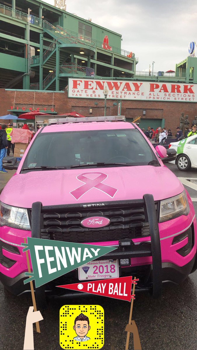 DustinGFitch's tweet photo. The one and only, @bostonpolice Officer Steve Horgan over here at Gate B at #Fenway for Game one, supporting the #MSPpinkpatch Cruiser and the #PinkPatchProject. #WorldSeries #GoSox! https://t.co/r9GrZ6nLoH