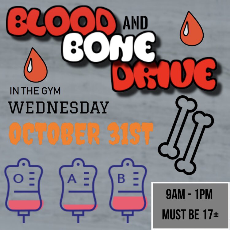 CKSSstudentco's tweet photo. DONATE BLOOD AND SAMPLE YOUR BONE MARROW ON OCTOBER 31 IN THE GYM FROM 9AM TO 1PM !!!! YOUR DONATION COULD SAVE SOMEONES LIFE!! 🎉 https://t.co/vjt6CZzfOp