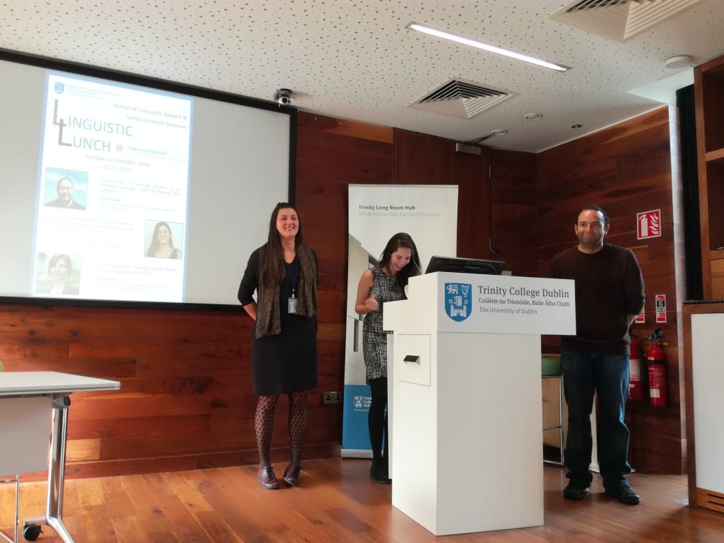 CELLT_TCD's tweet photo. A great turnout at the first @tcdlinglunch of the year!

Well done to the speakers @danielamodrescu , Inge Wagner and Chang Zhang for such fantastic and informative talks!

We can't wait until the November talk! https://t.co/j6eA5ADMJy