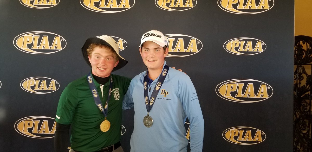 DevonPrepGolf's tweet image. Ryan McCabe finishes the PIAA State Golf AA Championship tied for 2nd with rounds of 79-72. Pictured here with Champion William Mirams of Norte Dame  East Strousburg.@NDSpartans Congratulations  Ryan and William! @athletics_devon