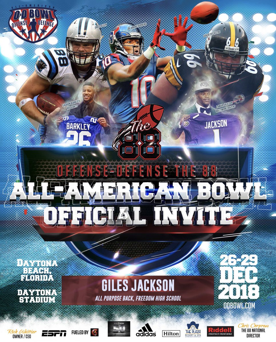 ODFootballCamps's tweet photo. Offense Defense Announces The 2019 The 88 All-American Bowl RUNNING BACK SELECTION.  #GILES_JACKSON @ODNATIONCoachC ##TheLegacyContinues. #WeBackAtIt!!! #NascarGoFast. @ODFootballCamps #GroundStrikeAdidas⚡️ #DaytonaBeach #Power5 #3NDone https://t.co/esTpVfDg9d