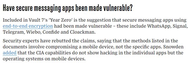 104)The leaks revealed that secure messaging apps were vulnerable to hacking, just like I am sure Senator Warner knew before he conducted his conversations with Waldman!