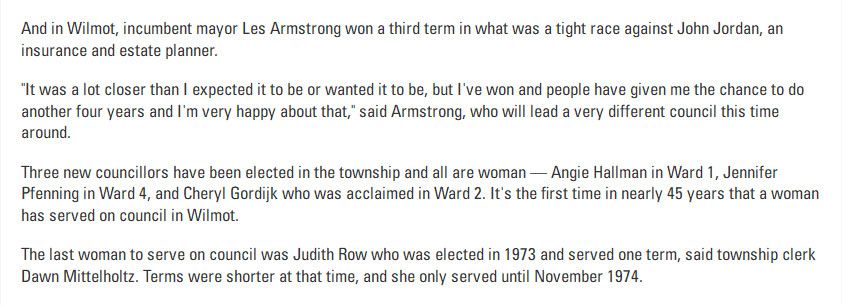CherGordijk's tweet image. &quot;Three new councillors have been elected in the township and all are women.&quot;
Article by @BoothRecord in today&apos;s @WR_Record. therecord.com/news-story/898… #wilmotvotes #wrvotes #munipoli